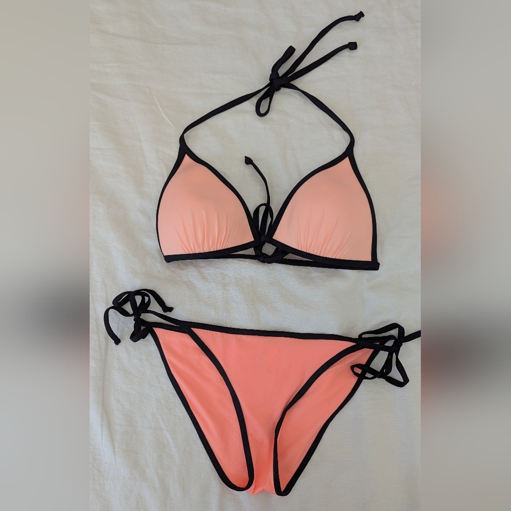 Women's Coral Pink Triangle Bikini with Black Trim H&M